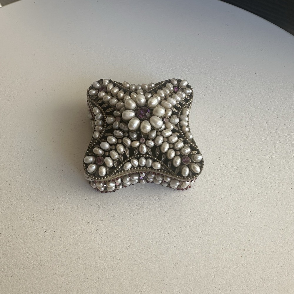 Vintage Pearl‎ & Rhinestone Encrusted Metal Trinket Box 2.5" Jewelry Keeper